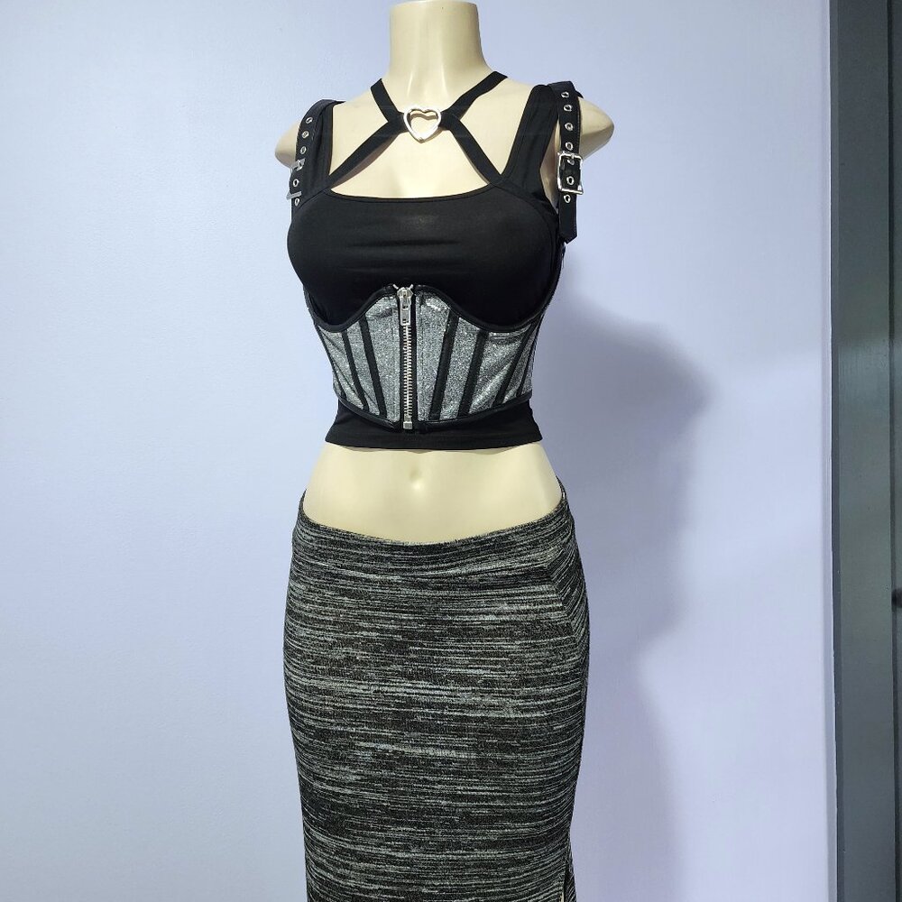 Dolls Kill Poster Girl Opulent Dreams Glitter Underbust Black And Silver Corset